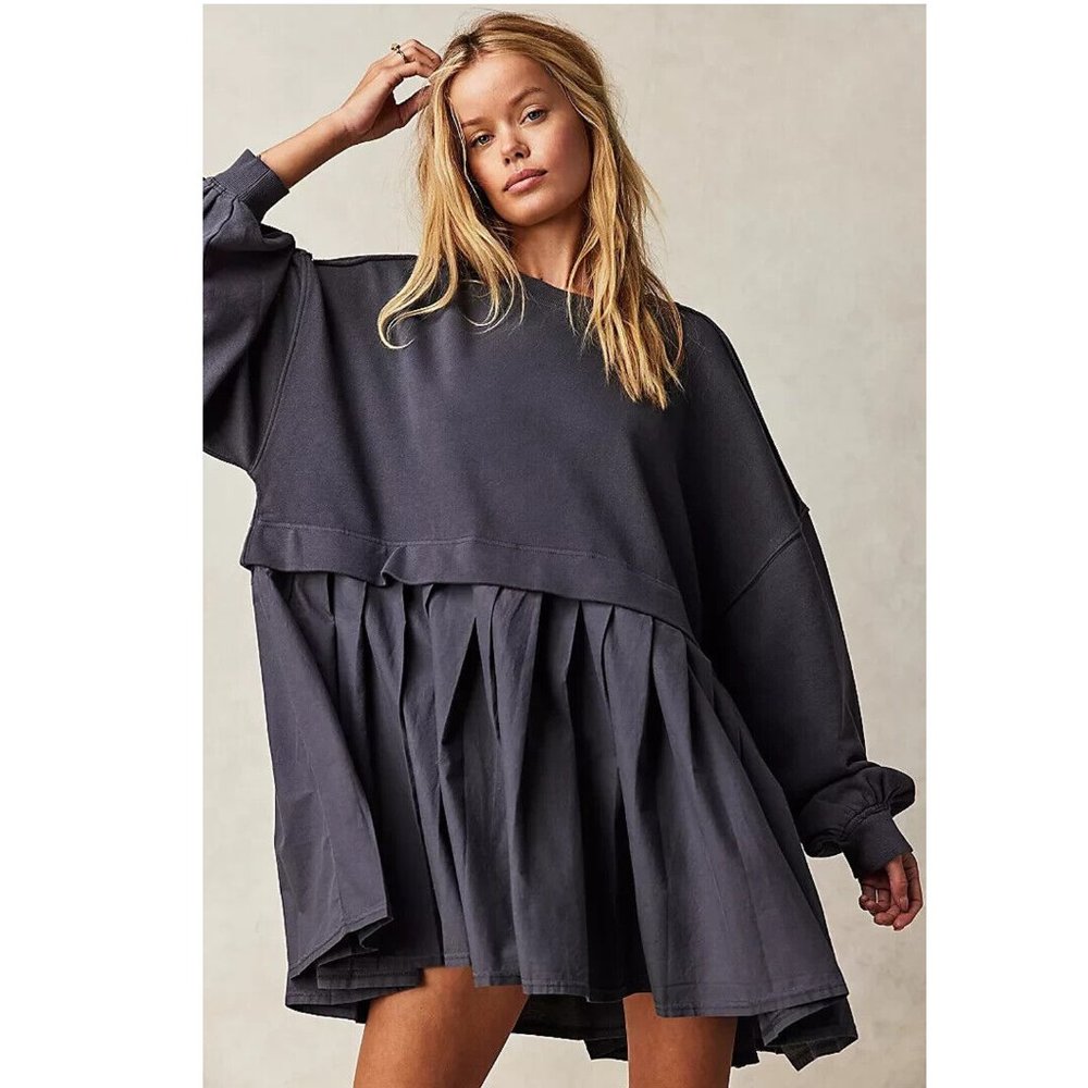 Free People Eleanor Sweatshirt Tunic Dress Oversized Cotton Solid XL New